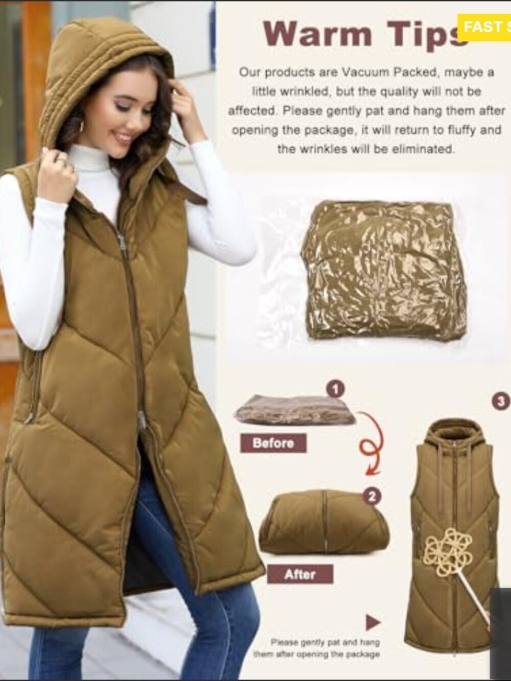 Long Puffer Vest Sleeveless Hooded Quilted Winter Outerwear Zip Up Pockets - Picture 6 of 7